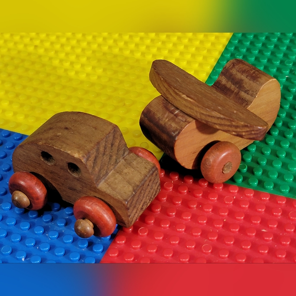 Toy Wooden Car + Plane Montgomery School House Inc Early 70s Vintage Coupe Mite